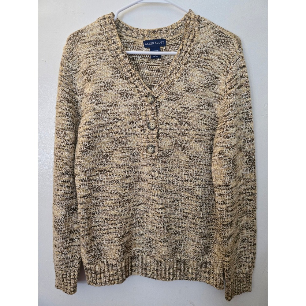 Karen Scott Womens Chunky Cabin Tan Brown Marled Knit Henley V-Neck Sweater M